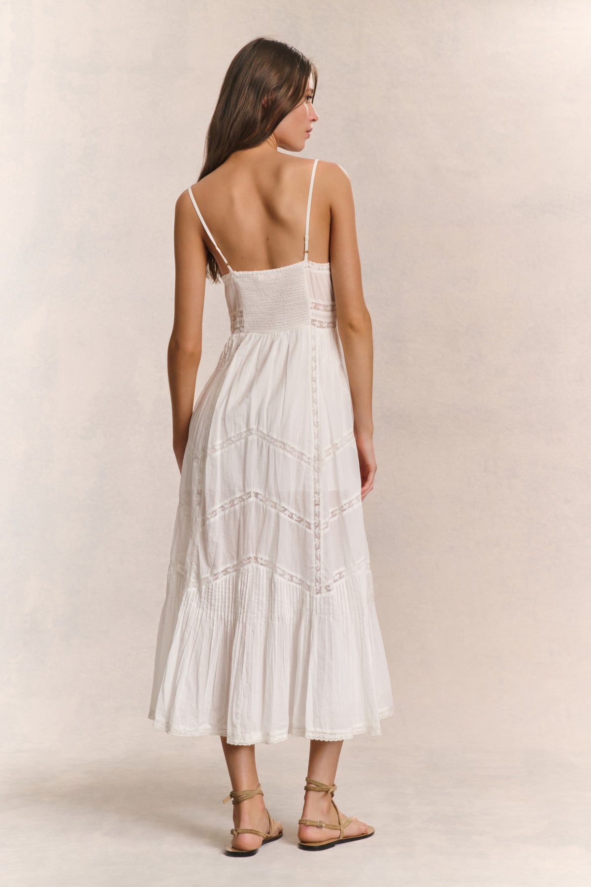 White cotton midi dress back view with spaghetti straps and button front