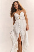 White cotton midi dress with spaghetti straps and button front, side drape