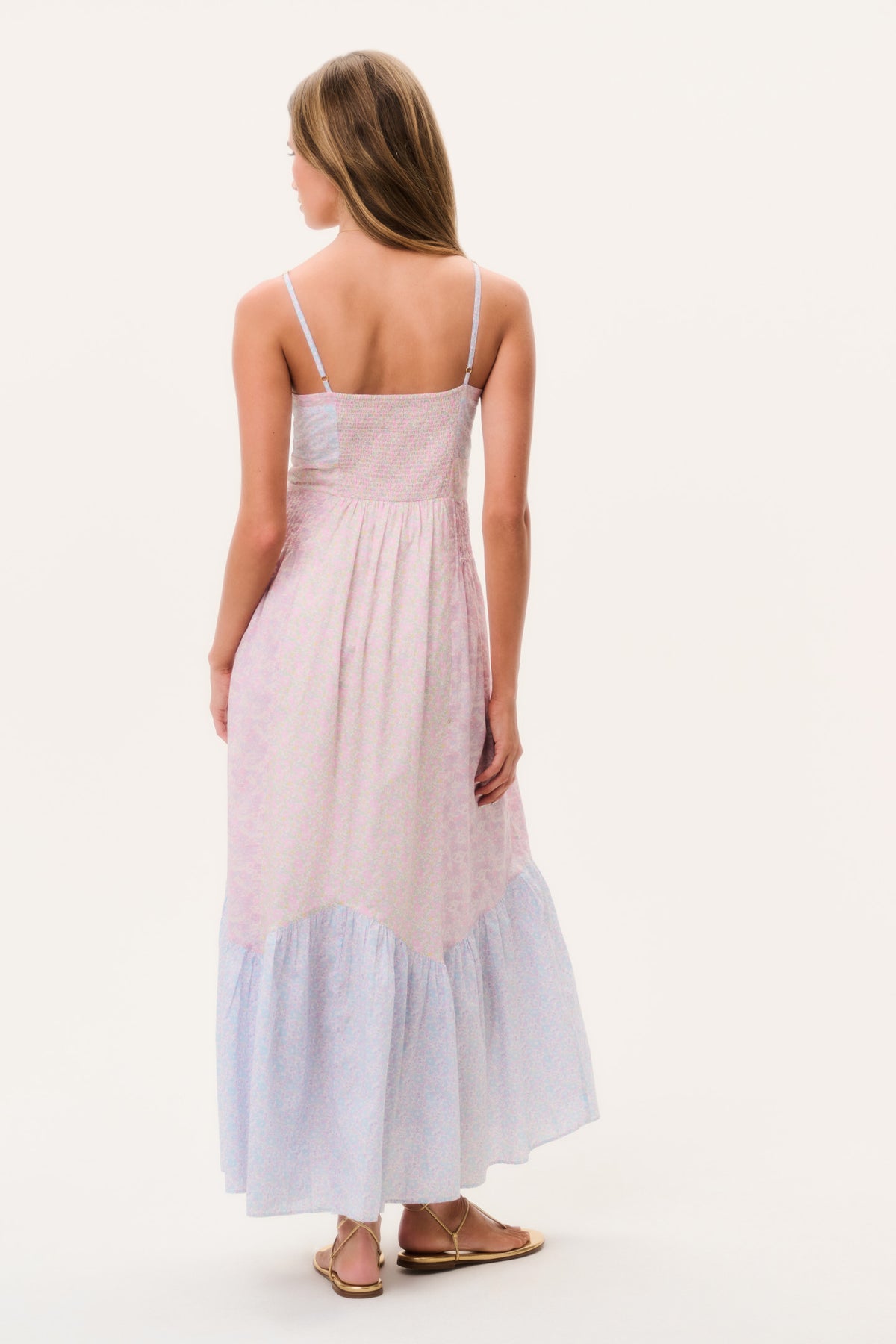 Back view spaghetti-strap V-neck maxi dress, pink-and-blue floral print, tiered skirt