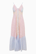 Pink-and-blue floral maxi dress with V-neck, spaghetti straps, button front, tiered