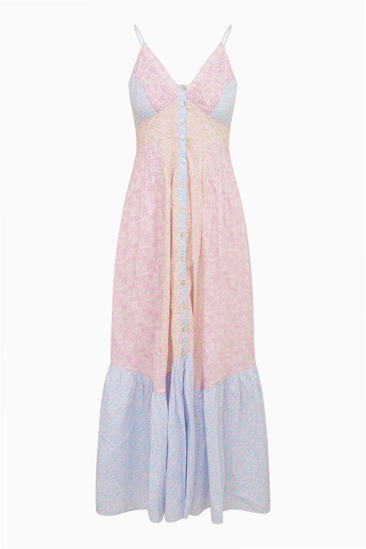 Pink-and-blue floral maxi dress with V-neck, spaghetti straps, button front, tiered