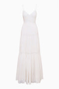 Optic white lace-trim maxi dress, sleeveless spaghetti straps, tiered hem
