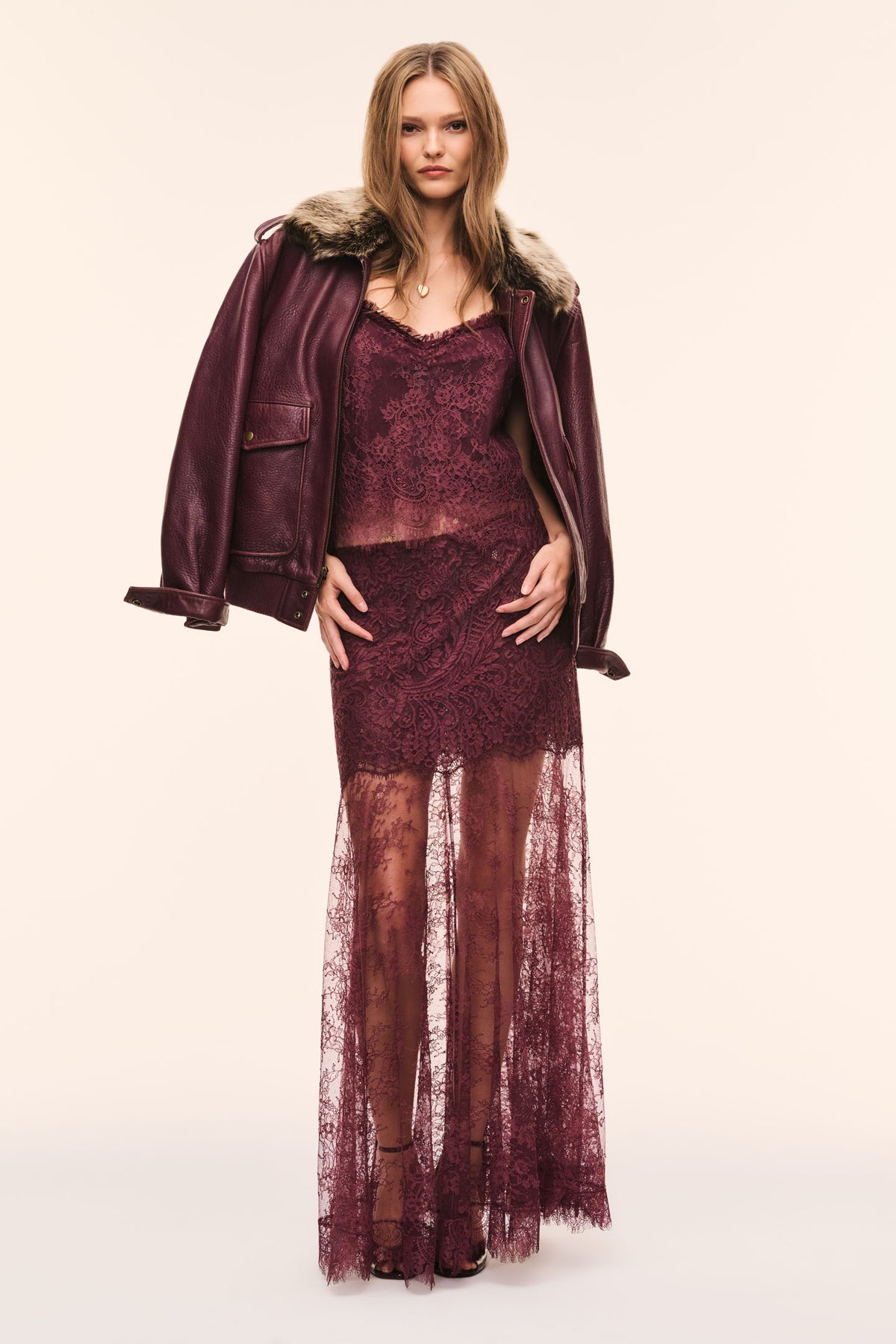 Faded merlot lace maxi skirt with vertical lace panels and layered tulle