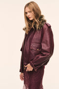 Faded merlot leather bomber jacket with faux fur collar and flap chest pocket
