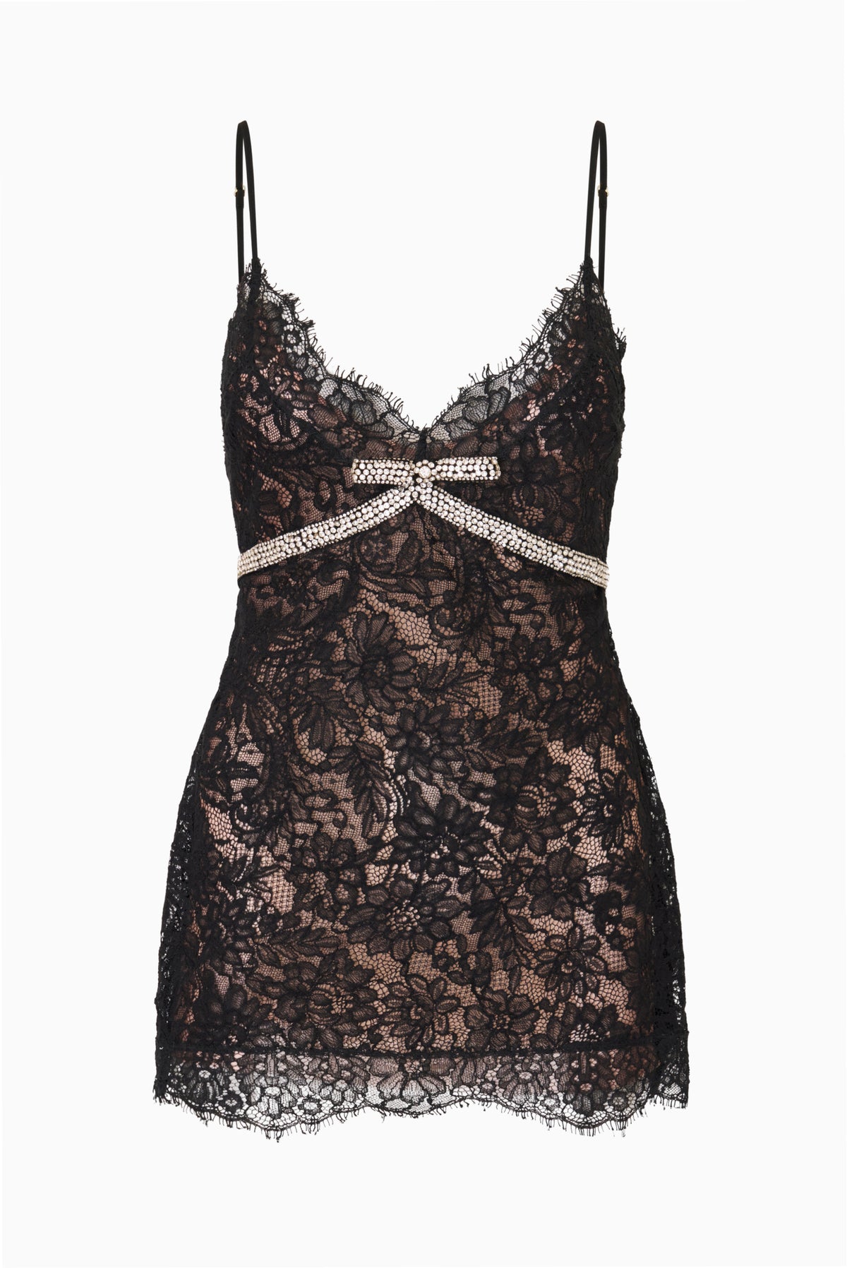 Black lace babydoll mini dress with bow at chest