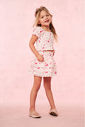 Girls pink heart and kiss print ruffle skirt with layered frills