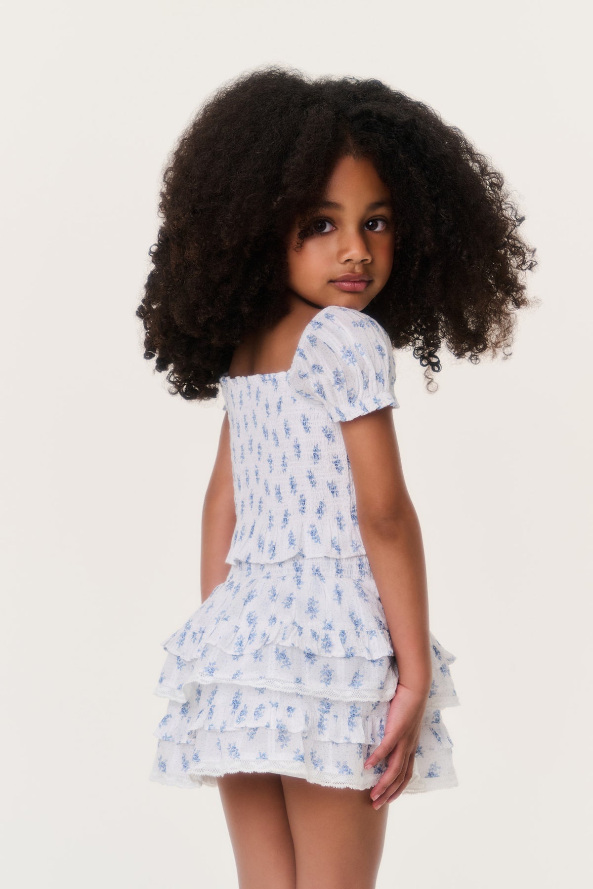 Girls blue cloud-pattern tiered ruffle skirt with smocked waist
