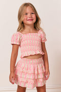 Girls heirloom print top, pink floral print with ruffled tiers and puff sleeves