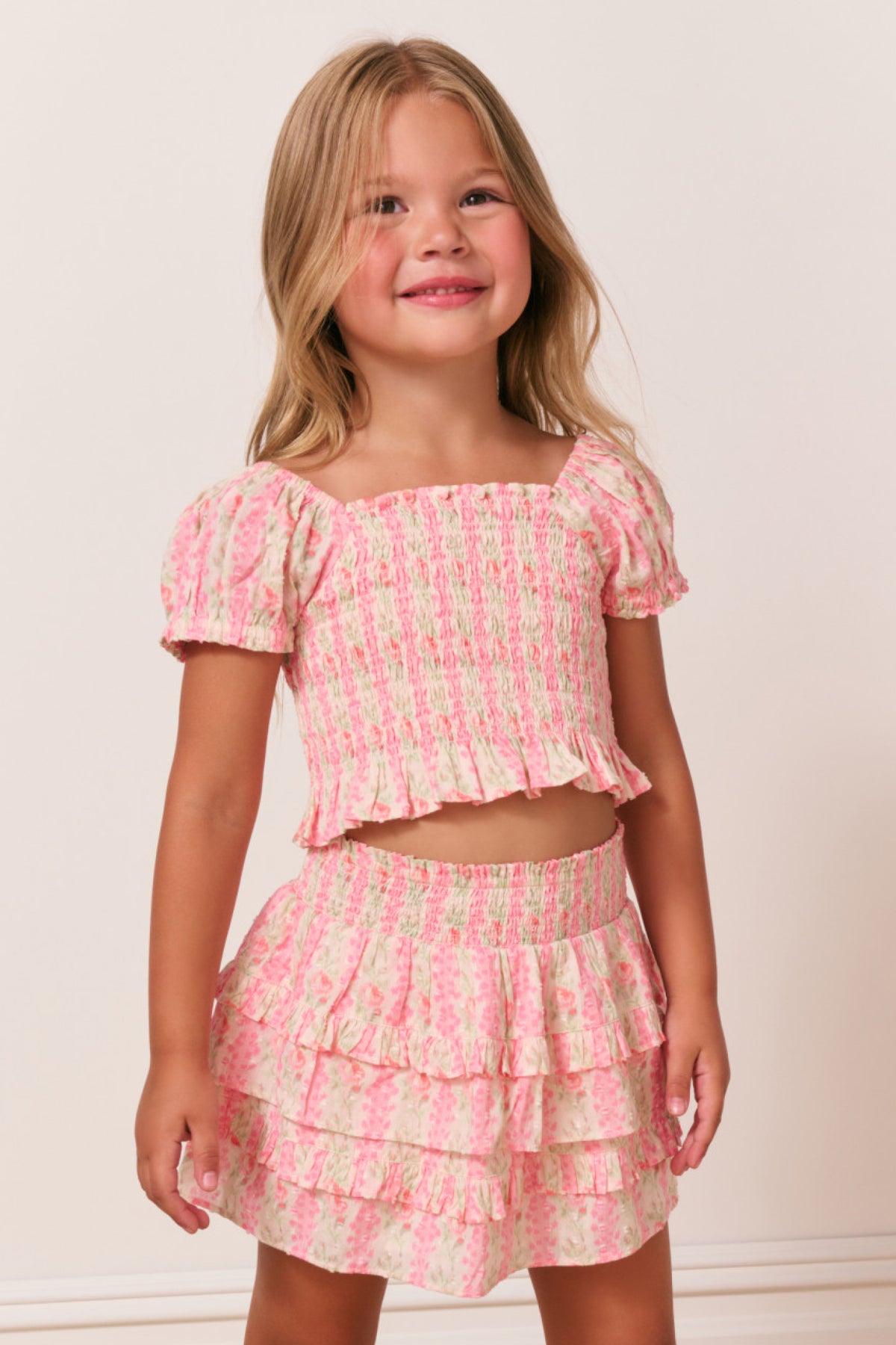 Girls heirloom print top, pink floral print with ruffled tiers and puff sleeves