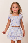 Girls heirloom print top, light blue floral pattern with short puff sleeves