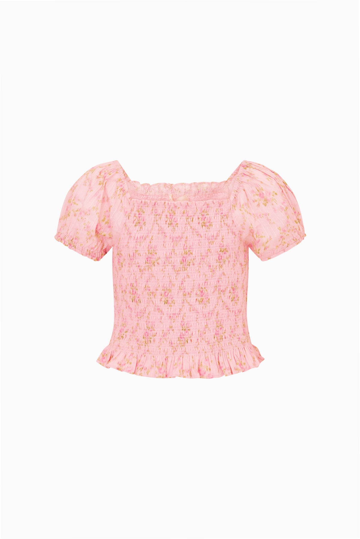 Pink floral tween top with square neckline, puff sleeves, smocked waist, ruffle hem
