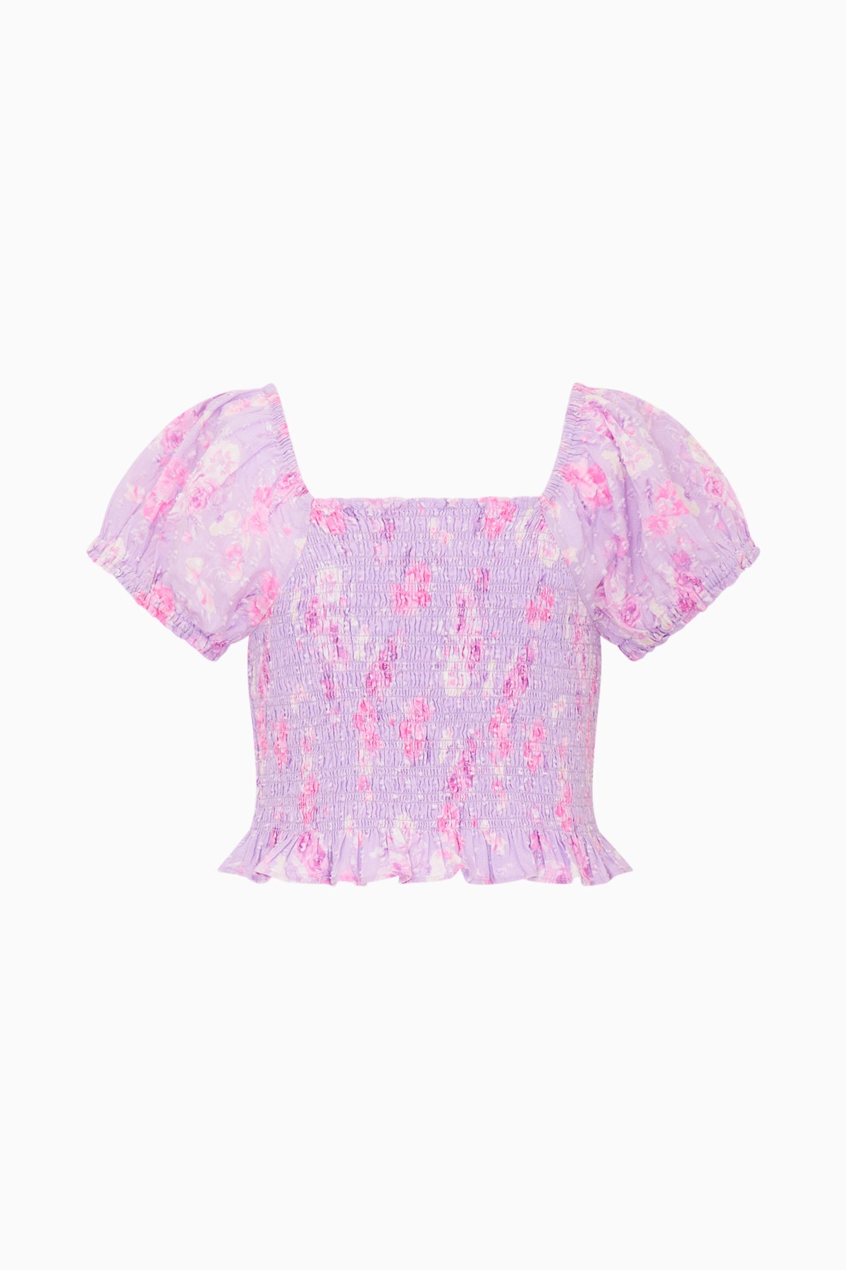 Girls heirloom print top, pastel lilac floral with square neckline and puff sleeves