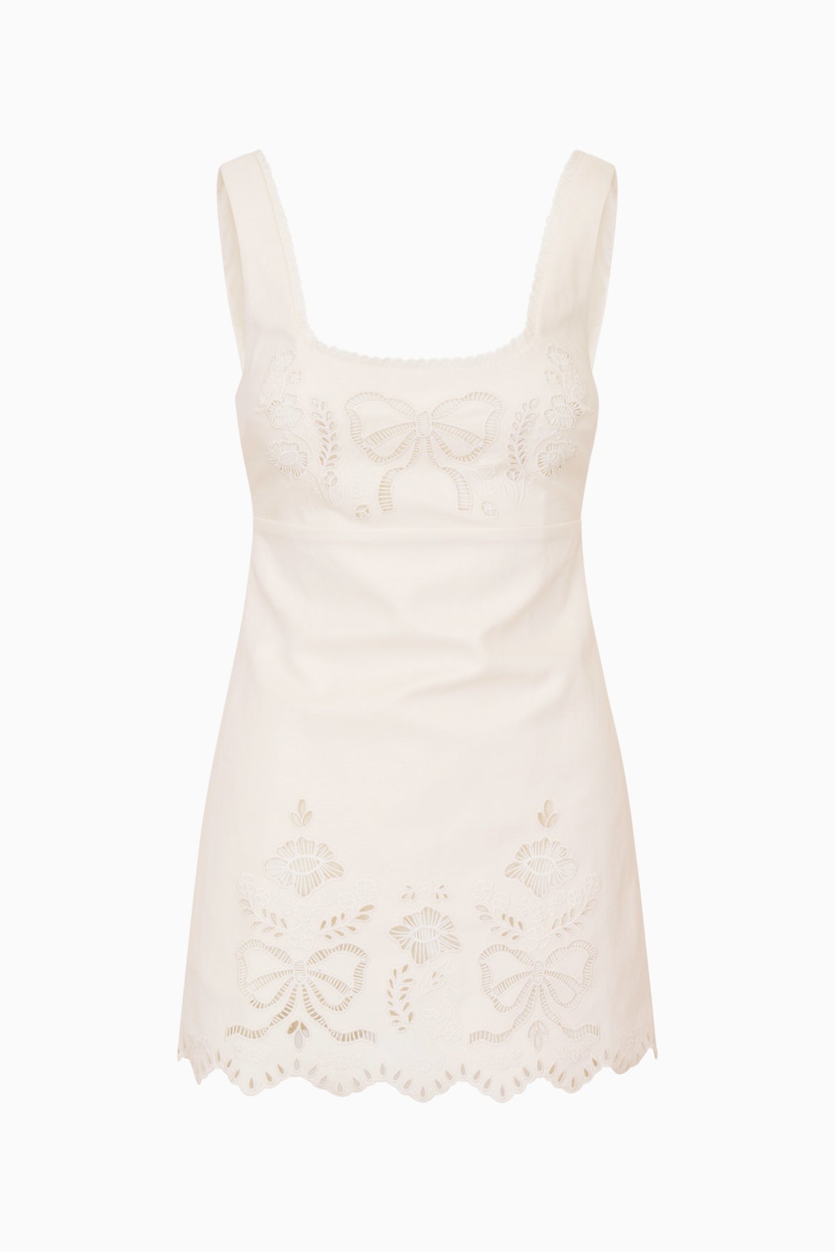 Linen-cotton eyelet mini dress in light ivory with scalloped neckline and hem