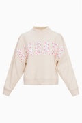 Cream mockneck sweatshirt with long sleeves and multicolor "LOVE" applique