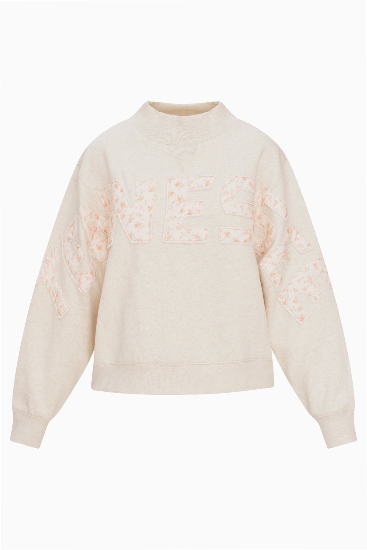 Cream mockneck sweatshirt with "LOVE" graphic, long sleeves, pullover style