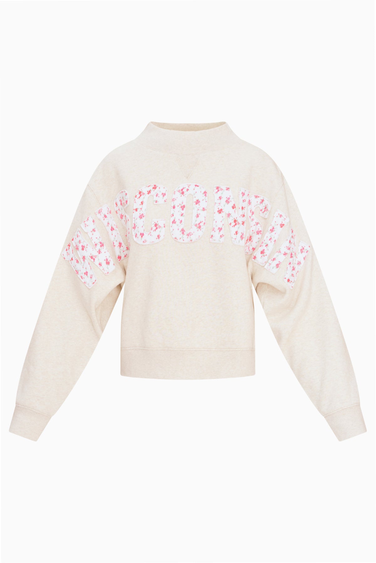 Cream long-sleeve mockneck crew top with “FANATICS” floral print panel across front