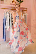Patchwork halter maxi dress with V-back and gathered waist, pink and blue prints