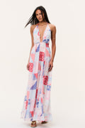 Patchwork halter maxi dress with thin straps and tiered skirt, pink and blue prints