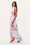 Patchwork halter maxi dress, sleeveless with ruffled hem, pink and blue patchwork