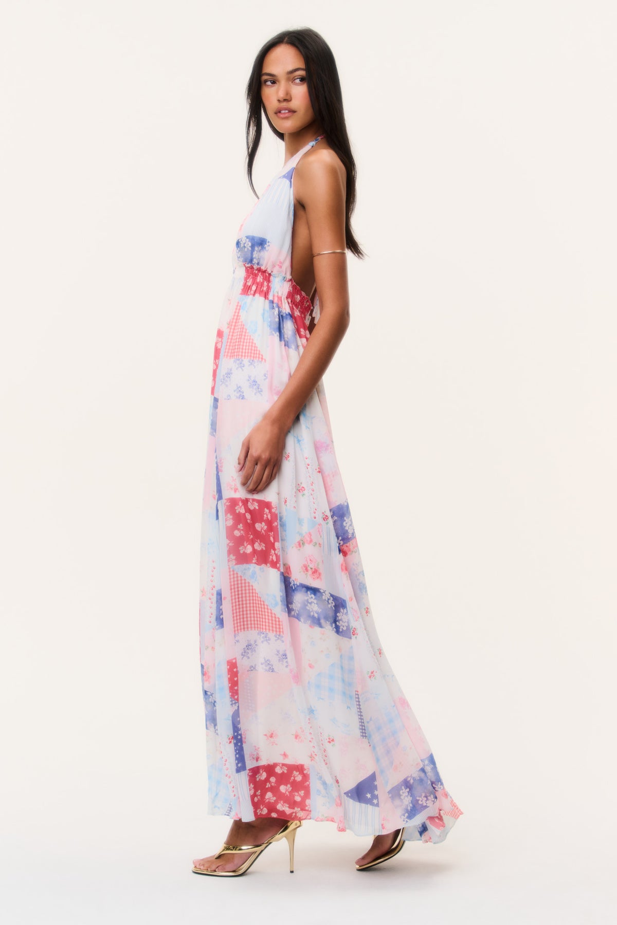 Patchwork halter maxi dress, sleeveless with ruffled hem, pink and blue patchwork