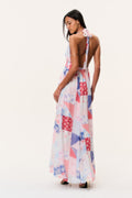 Patchwork halter maxi dress, open back with tie straps, pink and blue patch prints