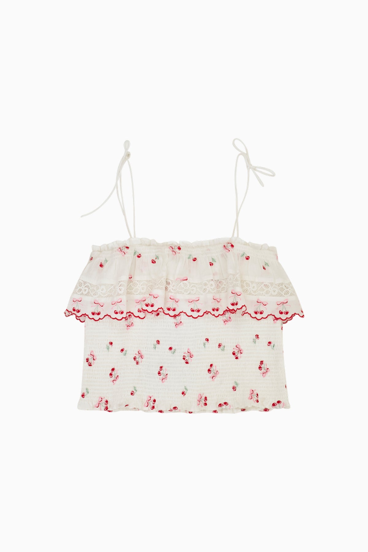 Girls' white cotton cherry print cami top with spaghetti straps and red ruffle hem