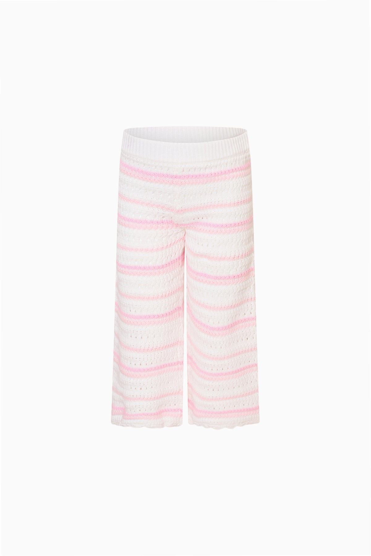 Crochet girls’ wide-leg pants in white with pink striped knit