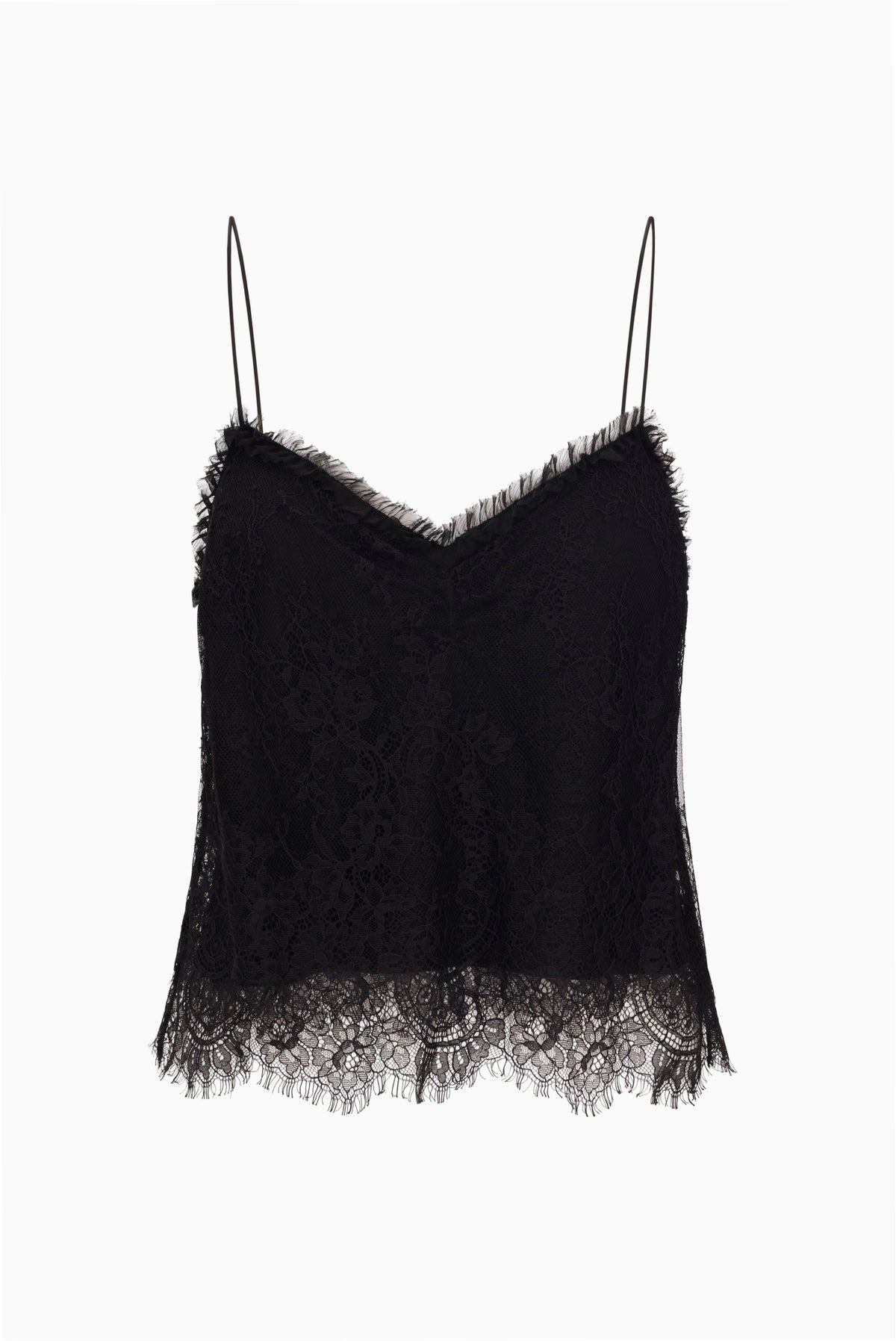 Black lace cami top with V-neck and thin adjustable straps