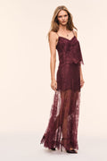 Faded merlot lace maxi skirt with layered tulle and scalloped edge