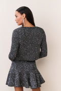 Black sequin stretch knit cardigan back view, long sleeves and cropped hem
