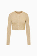 Honey gold sequin stretch knit cardigan, cropped, long sleeves, button front