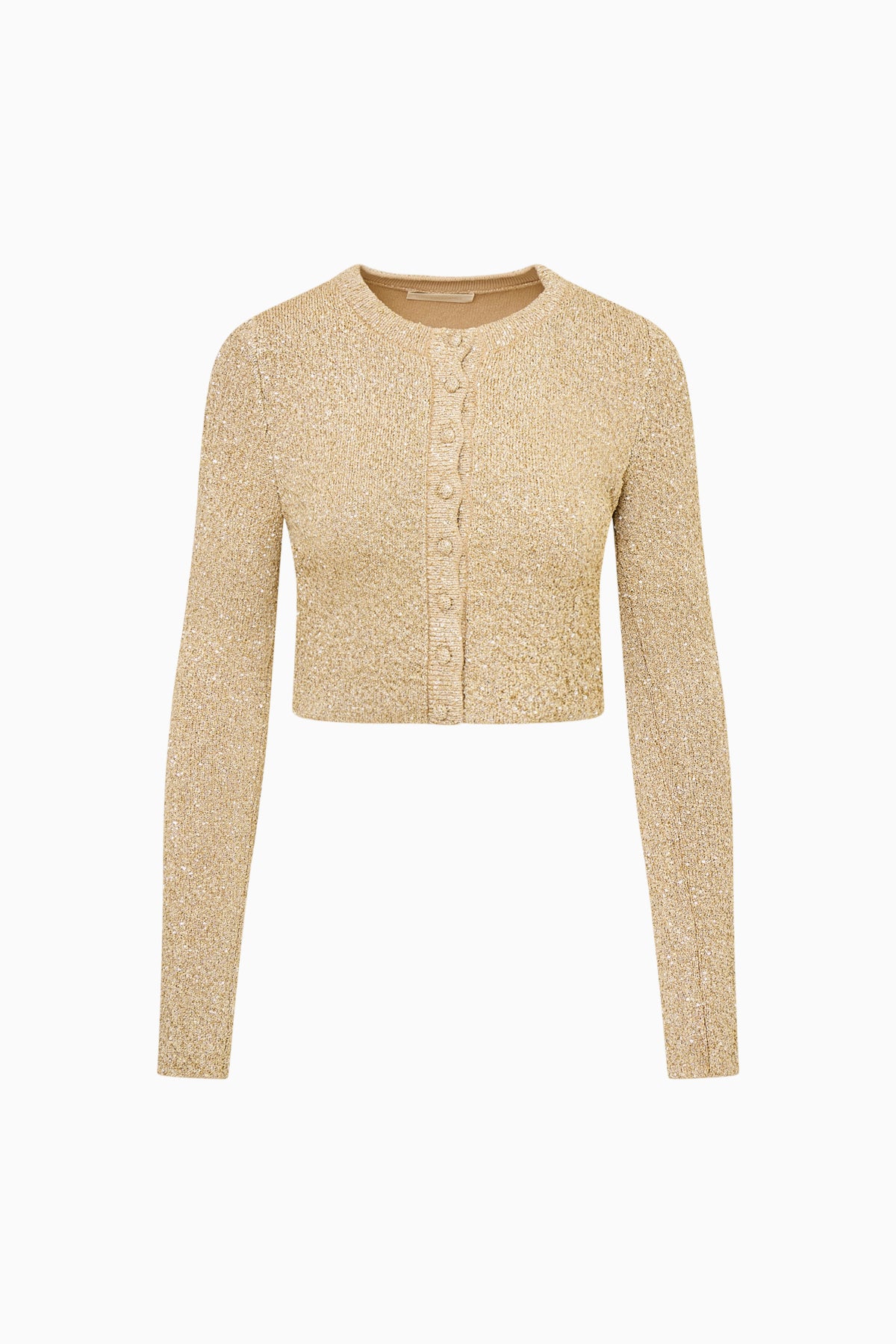 Honey gold sequin stretch knit cardigan, cropped, long sleeves, button front
