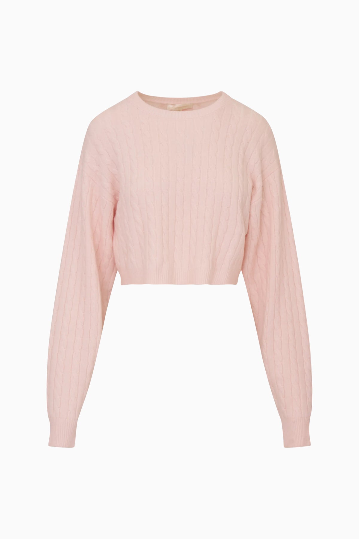 Cropped pale pink cable knit pullover sweater with crew neck and long sleeves