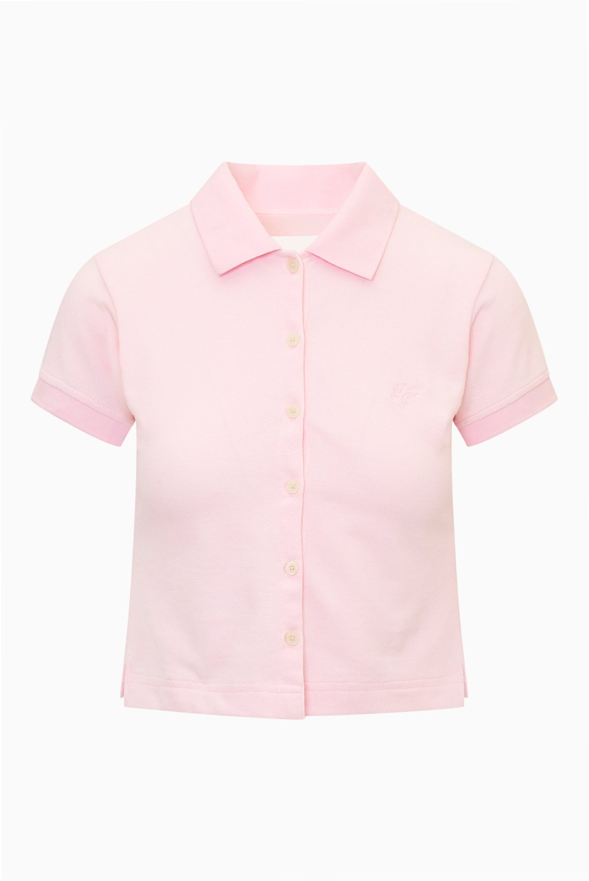 Pink polo shirt flat lay with button placket and short sleeves