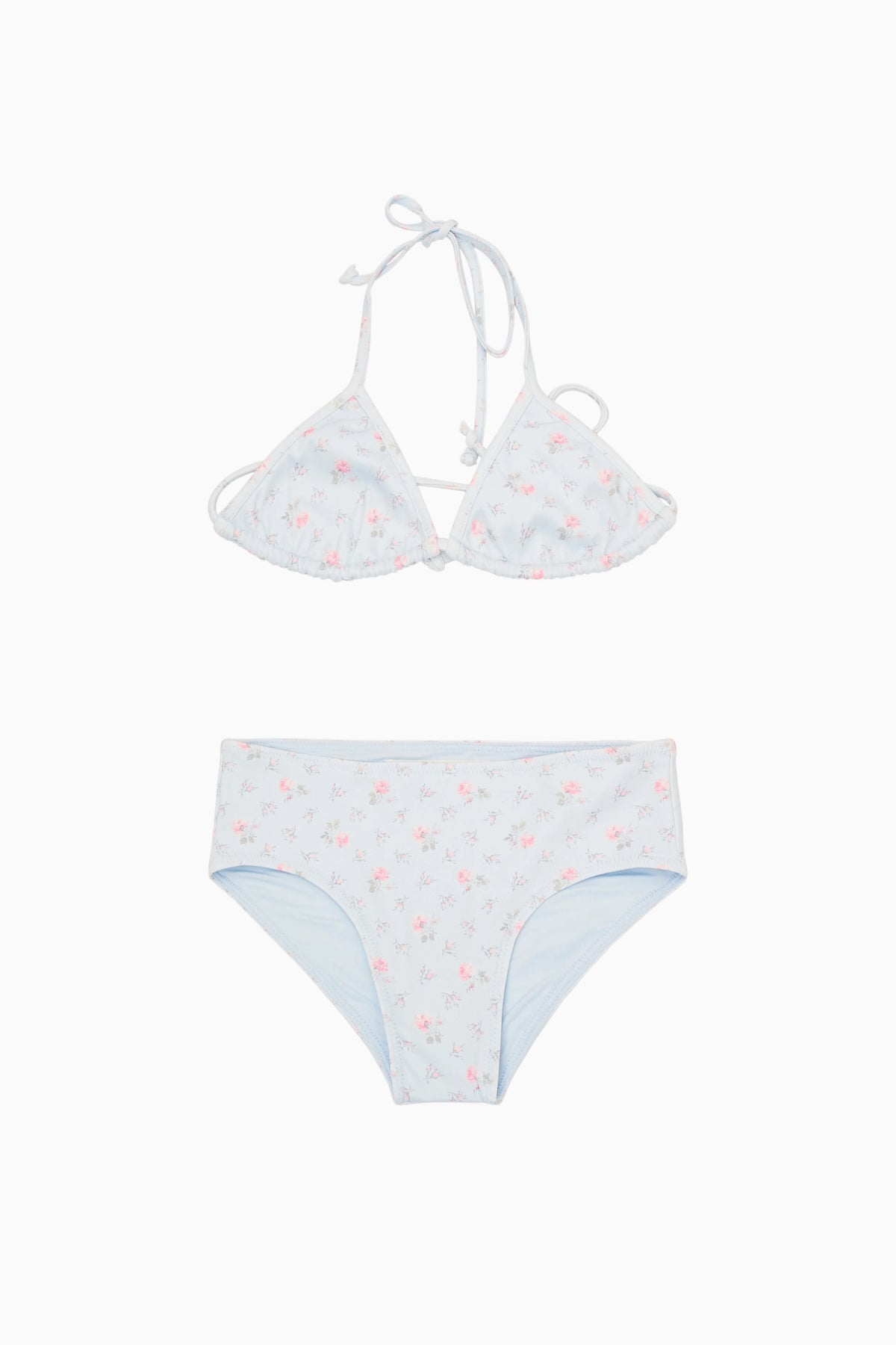 Light blue ditsy floral triangle bikini with tie straps and matching high-rise bottoms