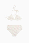 Light blue ditsy floral bikini set: triangle top with bow ties and high-rise briefs