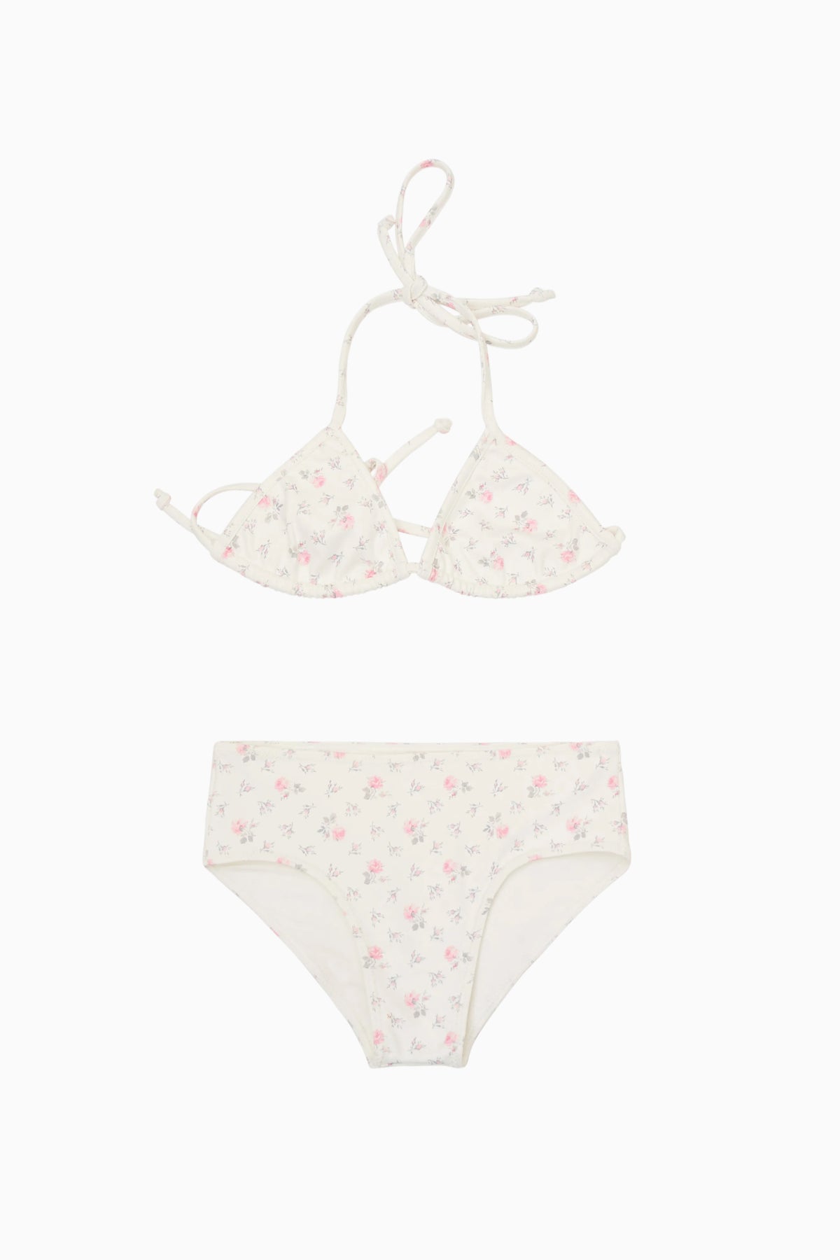 Light blue ditsy floral bikini set: triangle top with bow ties and high-rise briefs