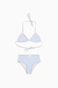 Girls gingham halter bikini set with ruffled top and high-waist bottoms, light blue and white
