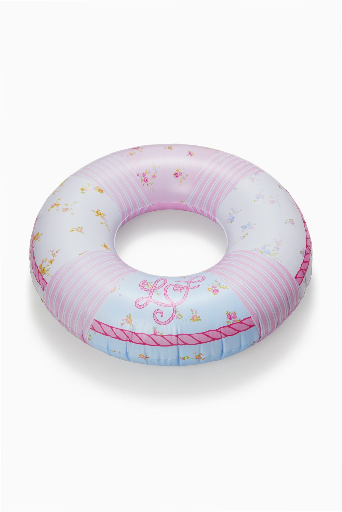 Light pink striped pool float with small flowers and cursive logo