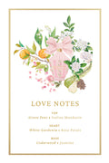 Love notes card listing Green Pear, Italian Mandarin, White Gardenia, Cedarwood