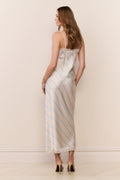 Light blue striped midi skirt on model, lace-trim hem and fitted waist