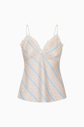 Floral stripe cami top with lace V neckline and spaghetti straps, light blue