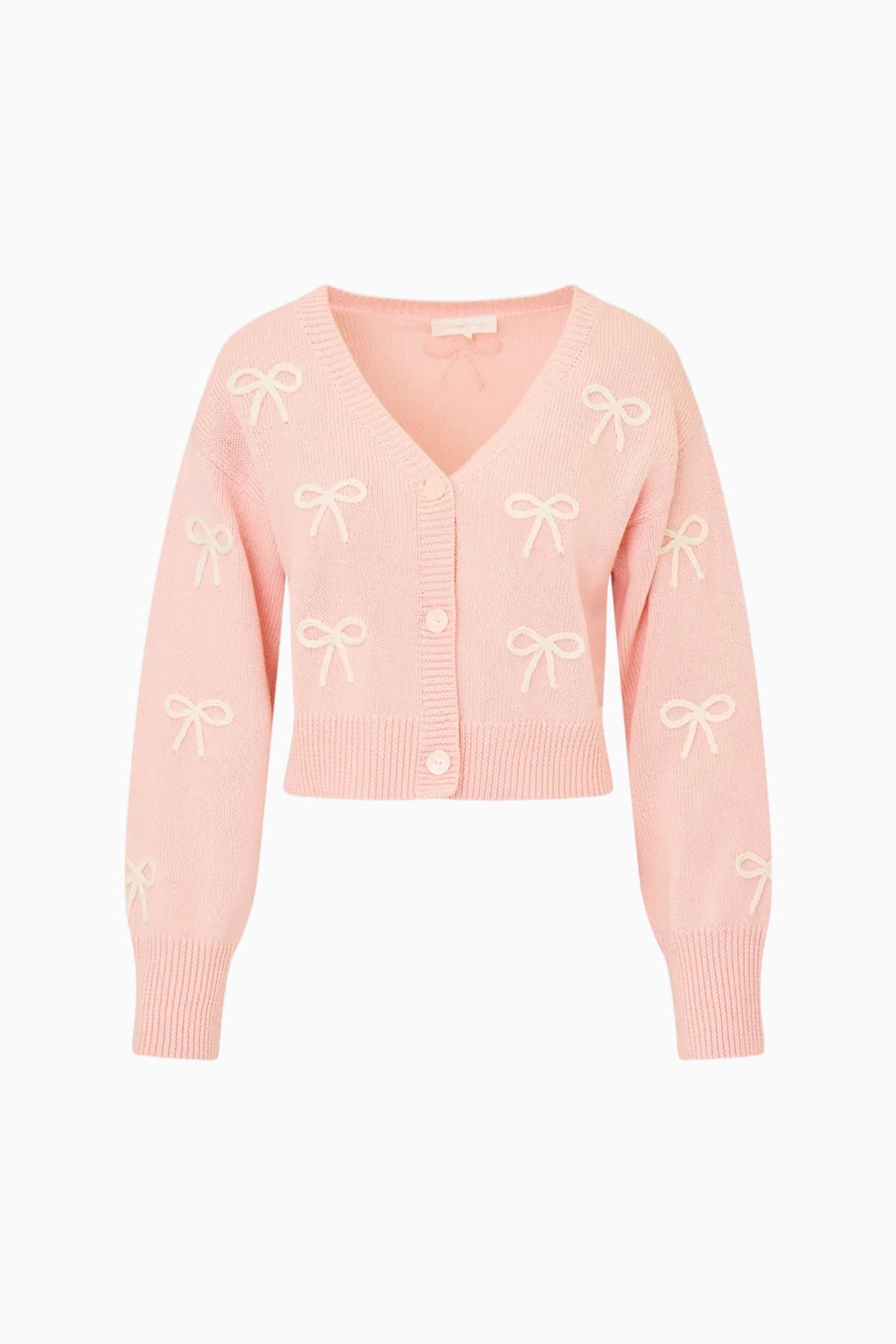 Petal pink cotton cardigan with V-neck, button front, and bow embroidery