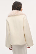 Winter white wool peacoat with faux fur collar, back view