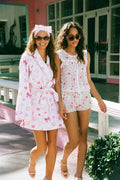 Light pink cotton bath robe with heart print, belted waist and long sleeves