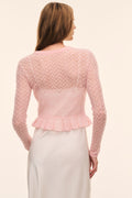 Light pink pointelle cardigan back view with ruffle peplum hem, long sleeves
