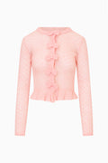 Light pink pointelle cardigan with bow-front placket and ruffle hem, long sleeves