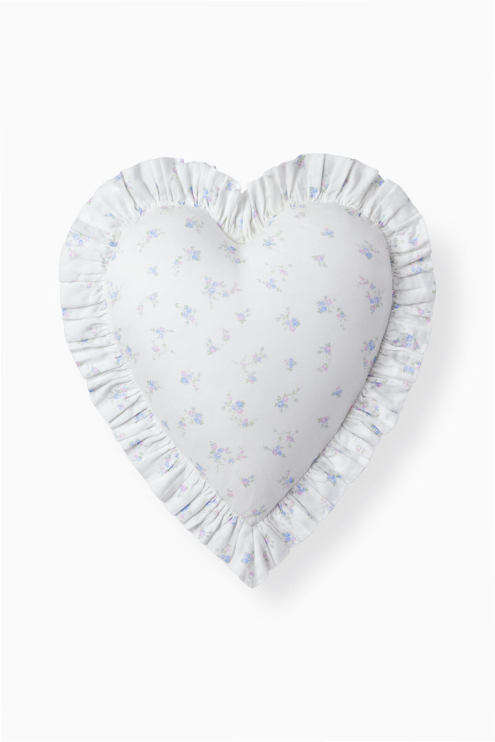 Ruffle heart decorative pillow with light blue star pattern and gathered edge trim