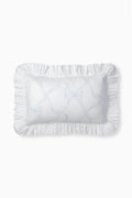 Morning mist throw pillow with ruffled edges and embroidered bow-and-vines design