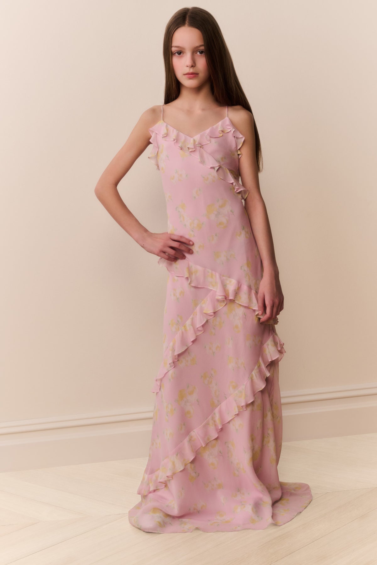 Pink floral chiffon tween maxi dress with ruffle trim and layered tiered hem